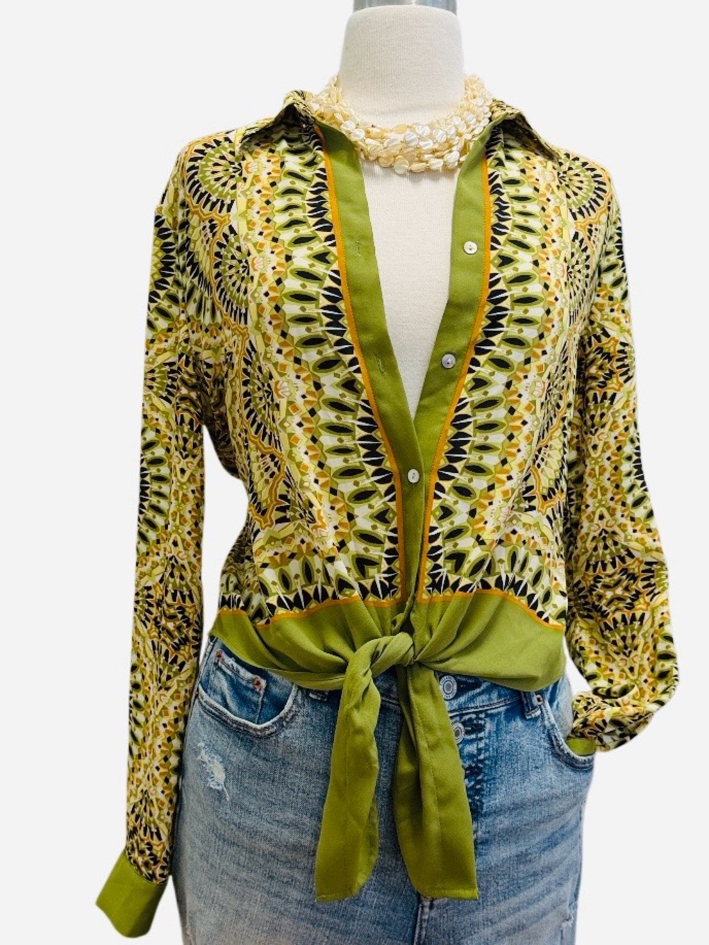 Green Patterned Tie-Front Women's Blouse